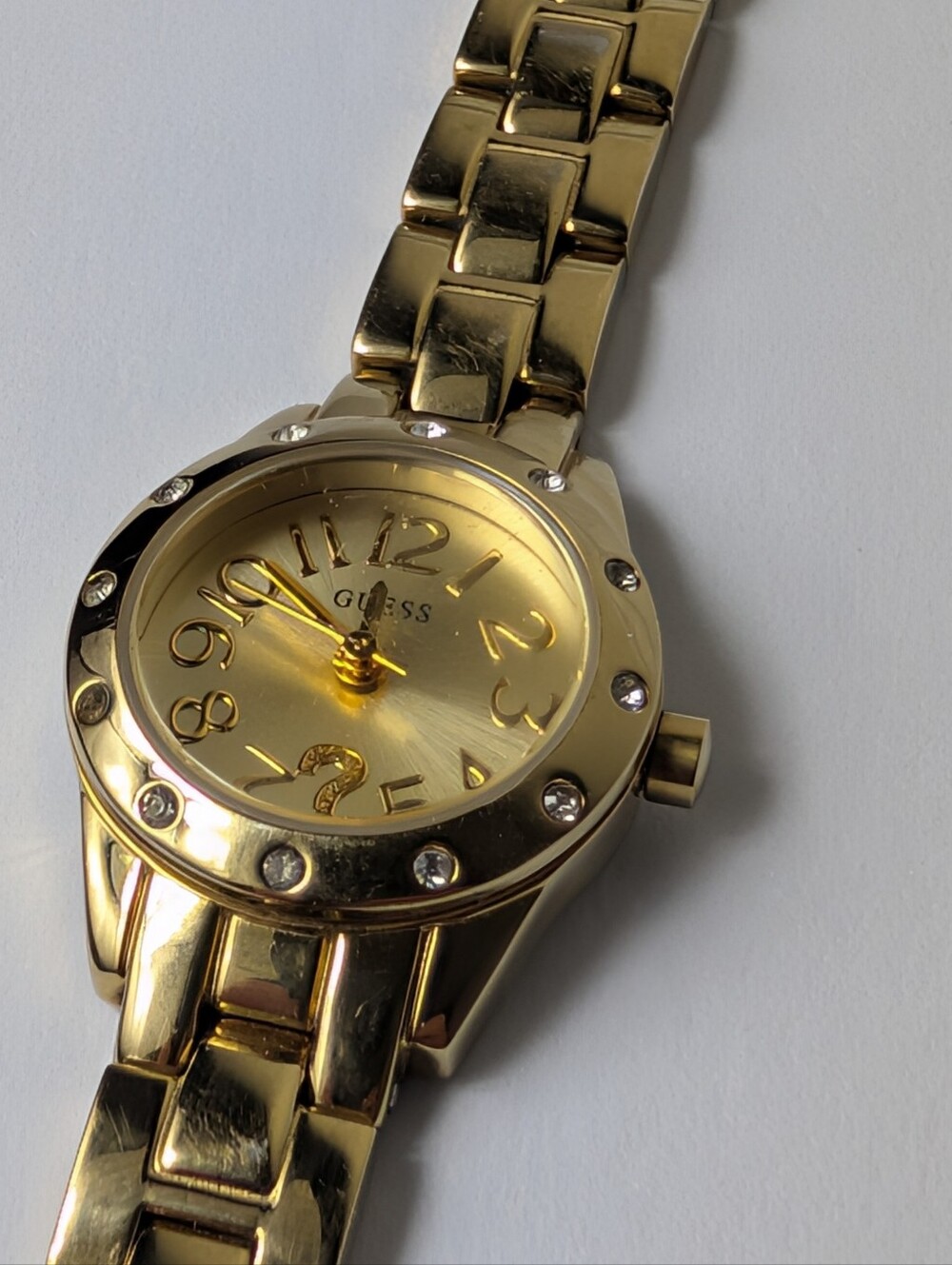 Women's GUESS Gold-Tone Crystal Bezel Quartz Wristwatch